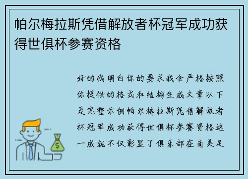 帕尔梅拉斯凭借解放者杯冠军成功获得世俱杯参赛资格